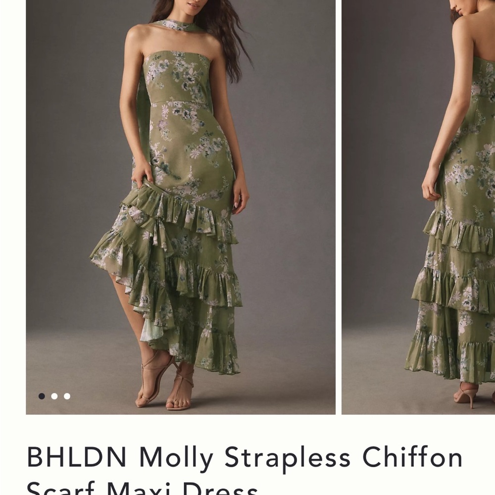 BHLDN Olive Floral Strapless Chiffon Maxi Dress